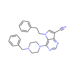 N#Cc1cn(CCc2ccccc2)c2c(N3CCN(Cc4ccccc4)CC3)ncnc12 ZINC000653884653