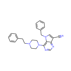 N#Cc1cn(Cc2ccccc2)c2c(N3CCN(CCc4ccccc4)CC3)ncnc12 ZINC000653878777