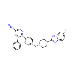 N#Cc1cnc(-c2ccc(CN3CCC(c4nc5ccc(F)cc5[nH]4)CC3)cc2)c(-c2ccccc2)c1 ZINC000014957970
