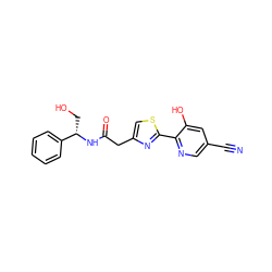 N#Cc1cnc(-c2nc(CC(=O)N[C@@H](CO)c3ccccc3)cs2)c(O)c1 ZINC000147624688