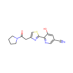 N#Cc1cnc(-c2nc(CC(=O)N3CCCC3)cs2)c(O)c1 ZINC000147524210