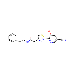 N#Cc1cnc(-c2nc(CC(=O)NCCc3ccccc3)cs2)c(O)c1 ZINC000147740606