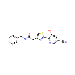 N#Cc1cnc(-c2nc(CC(=O)NCc3ccccc3)cs2)c(O)c1 ZINC000148204421