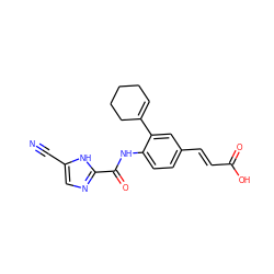 N#Cc1cnc(C(=O)Nc2ccc(/C=C/C(=O)O)cc2C2=CCCCC2)[nH]1 ZINC000146940178