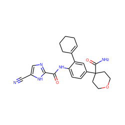 N#Cc1cnc(C(=O)Nc2ccc(C3(C(N)=O)CCOCC3)cc2C2=CCCCC2)[nH]1 ZINC000146875840