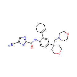 N#Cc1cnc(C(=O)Nc2ccc(C3(CN4CCOCC4)CCOCC3)cc2C2=CCCCC2)[nH]1 ZINC000146876248