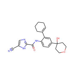 N#Cc1cnc(C(=O)Nc2ccc(C3(O)CCOCC3)cc2C2=CCCCC2)[nH]1 ZINC000146883582