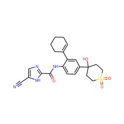 N#Cc1cnc(C(=O)Nc2ccc(C3(O)CCS(=O)(=O)CC3)cc2C2=CCCCC2)[nH]1 ZINC000146869093