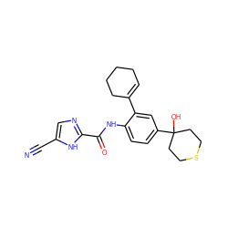 N#Cc1cnc(C(=O)Nc2ccc(C3(O)CCSCC3)cc2C2=CCCCC2)[nH]1 ZINC000146868900