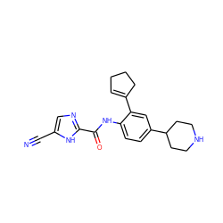 N#Cc1cnc(C(=O)Nc2ccc(C3CCNCC3)cc2C2=CCCC2)[nH]1 ZINC000029046717