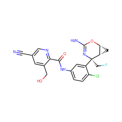 N#Cc1cnc(C(=O)Nc2ccc(Cl)c([C@@]3(CF)N=C(N)O[C@@H]4C[C@@H]43)c2)c(CO)c1 ZINC000226124231