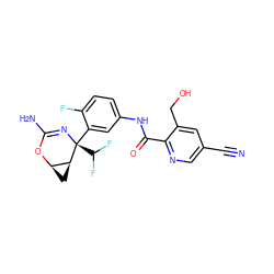 N#Cc1cnc(C(=O)Nc2ccc(F)c([C@@]3(C(F)F)N=C(N)O[C@@H]4C[C@@H]43)c2)c(CO)c1 ZINC000226051427