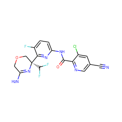 N#Cc1cnc(C(=O)Nc2ccc(F)c([C@]3(C(F)F)COCC(N)=N3)n2)c(Cl)c1 ZINC000167685782