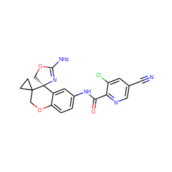 N#Cc1cnc(C(=O)Nc2ccc3c(c2)[C@@]2(COC(N)=N2)C2(CC2)CO3)c(Cl)c1 ZINC000220974310