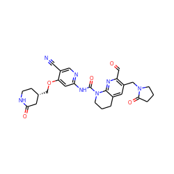 N#Cc1cnc(NC(=O)N2CCCc3cc(CN4CCCC4=O)c(C=O)nc32)cc1OC[C@H]1CCNC(=O)C1 ZINC001772649026