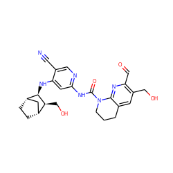 N#Cc1cnc(NC(=O)N2CCCc3cc(CO)c(C=O)nc32)cc1N[C@@H]1[C@H]2CC[C@H](C2)[C@@H]1CO ZINC001772624126