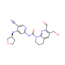 N#Cc1cnc(NC(=O)N2CCCc3cc(CO)c(C=O)nc32)cc1N[C@H]1CCOC1 ZINC001772605316