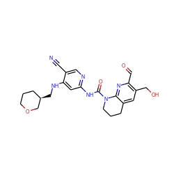 N#Cc1cnc(NC(=O)N2CCCc3cc(CO)c(C=O)nc32)cc1NC[C@@H]1CCCOC1 ZINC001772621879