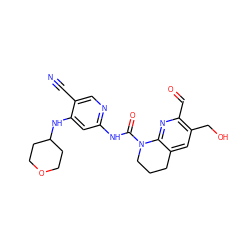 N#Cc1cnc(NC(=O)N2CCCc3cc(CO)c(C=O)nc32)cc1NC1CCOCC1 ZINC001772592833