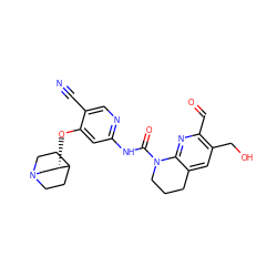 N#Cc1cnc(NC(=O)N2CCCc3cc(CO)c(C=O)nc32)cc1O[C@H]1CN2CCC1CC2 ZINC001772640236