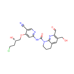 N#Cc1cnc(NC(=O)N2CCCc3cc(CO)c(C=O)nc32)cc1OC[C@@H](O)CCCl ZINC001772610444