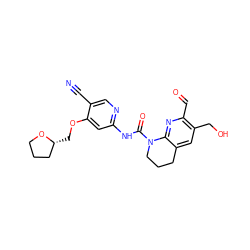 N#Cc1cnc(NC(=O)N2CCCc3cc(CO)c(C=O)nc32)cc1OC[C@@H]1CCCO1 ZINC001772624336