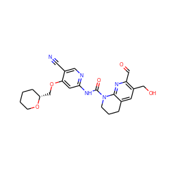 N#Cc1cnc(NC(=O)N2CCCc3cc(CO)c(C=O)nc32)cc1OC[C@H]1CCCCO1 ZINC001772614618