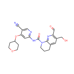 N#Cc1cnc(NC(=O)N2CCCc3cc(CO)c(C=O)nc32)cc1OC1CCOCC1 ZINC001772600510