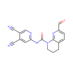 N#Cc1cnc(NC(=O)N2CCCc3ccc(C=O)nc32)cc1C#N ZINC001772613394