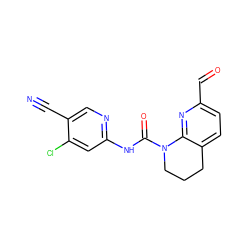 N#Cc1cnc(NC(=O)N2CCCc3ccc(C=O)nc32)cc1Cl ZINC001772577714