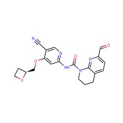 N#Cc1cnc(NC(=O)N2CCCc3ccc(C=O)nc32)cc1OC[C@@H]1CCO1 ZINC001772588420