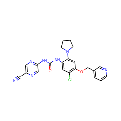 N#Cc1cnc(NC(=O)Nc2cc(Cl)c(OCc3cccnc3)cc2N2CCCC2)cn1 ZINC000014956172