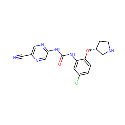 N#Cc1cnc(NC(=O)Nc2cc(Cl)ccc2O[C@@H]2CCNC2)cn1 ZINC000043059096