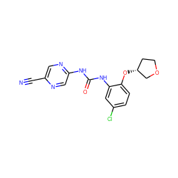 N#Cc1cnc(NC(=O)Nc2cc(Cl)ccc2O[C@@H]2CCOC2)cn1 ZINC000013643216