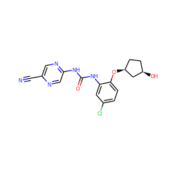 N#Cc1cnc(NC(=O)Nc2cc(Cl)ccc2O[C@H]2CC[C@@H](O)C2)cn1 ZINC000038699262