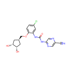 N#Cc1cnc(NC(=O)Nc2cc(Cl)ccc2OC[C@H]2C[C@H](O)[C@H](O)C2)cn1 ZINC000253917886