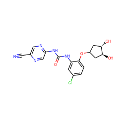 N#Cc1cnc(NC(=O)Nc2cc(Cl)ccc2OC2C[C@H](O)[C@@H](O)C2)cn1 ZINC000043016187