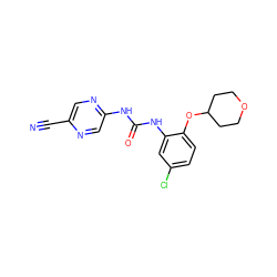 N#Cc1cnc(NC(=O)Nc2cc(Cl)ccc2OC2CCOCC2)cn1 ZINC000013643221