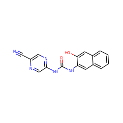 N#Cc1cnc(NC(=O)Nc2cc3ccccc3cc2O)cn1 ZINC000043079588