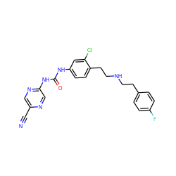 N#Cc1cnc(NC(=O)Nc2ccc(CCNCCc3ccc(F)cc3)c(Cl)c2)cn1 ZINC000140057576