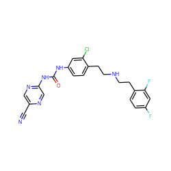 N#Cc1cnc(NC(=O)Nc2ccc(CCNCCc3ccc(F)cc3F)c(Cl)c2)cn1 ZINC000140087602