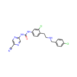 N#Cc1cnc(NC(=O)Nc2ccc(CCNCc3ccc(Cl)cc3)c(Cl)c2)cn1 ZINC000169126401