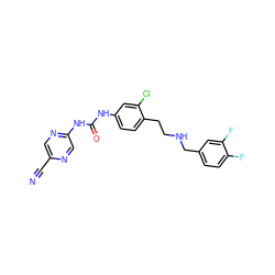 N#Cc1cnc(NC(=O)Nc2ccc(CCNCc3ccc(F)c(F)c3)c(Cl)c2)cn1 ZINC000140209822