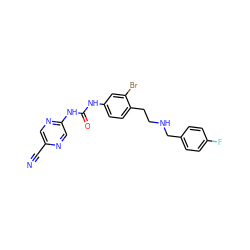 N#Cc1cnc(NC(=O)Nc2ccc(CCNCc3ccc(F)cc3)c(Br)c2)cn1 ZINC000140209214