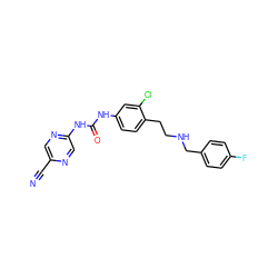 N#Cc1cnc(NC(=O)Nc2ccc(CCNCc3ccc(F)cc3)c(Cl)c2)cn1 ZINC000072318126