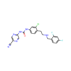 N#Cc1cnc(NC(=O)Nc2ccc(CCNCc3ccc(F)cc3F)c(Cl)c2)cn1 ZINC000139736982