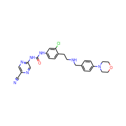 N#Cc1cnc(NC(=O)Nc2ccc(CCNCc3ccc(N4CCOCC4)cc3)c(Cl)c2)cn1 ZINC000140074732