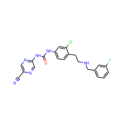 N#Cc1cnc(NC(=O)Nc2ccc(CCNCc3cccc(F)c3)c(Cl)c2)cn1 ZINC000140095431