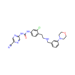 N#Cc1cnc(NC(=O)Nc2ccc(CCNCc3cccc(N4CCOCC4)c3)c(Cl)c2)cn1 ZINC000140068773