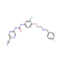 N#Cc1cnc(NC(=O)Nc2ccc(OCCNCc3ccc(F)cc3)c(Cl)c2)cn1 ZINC000139739488